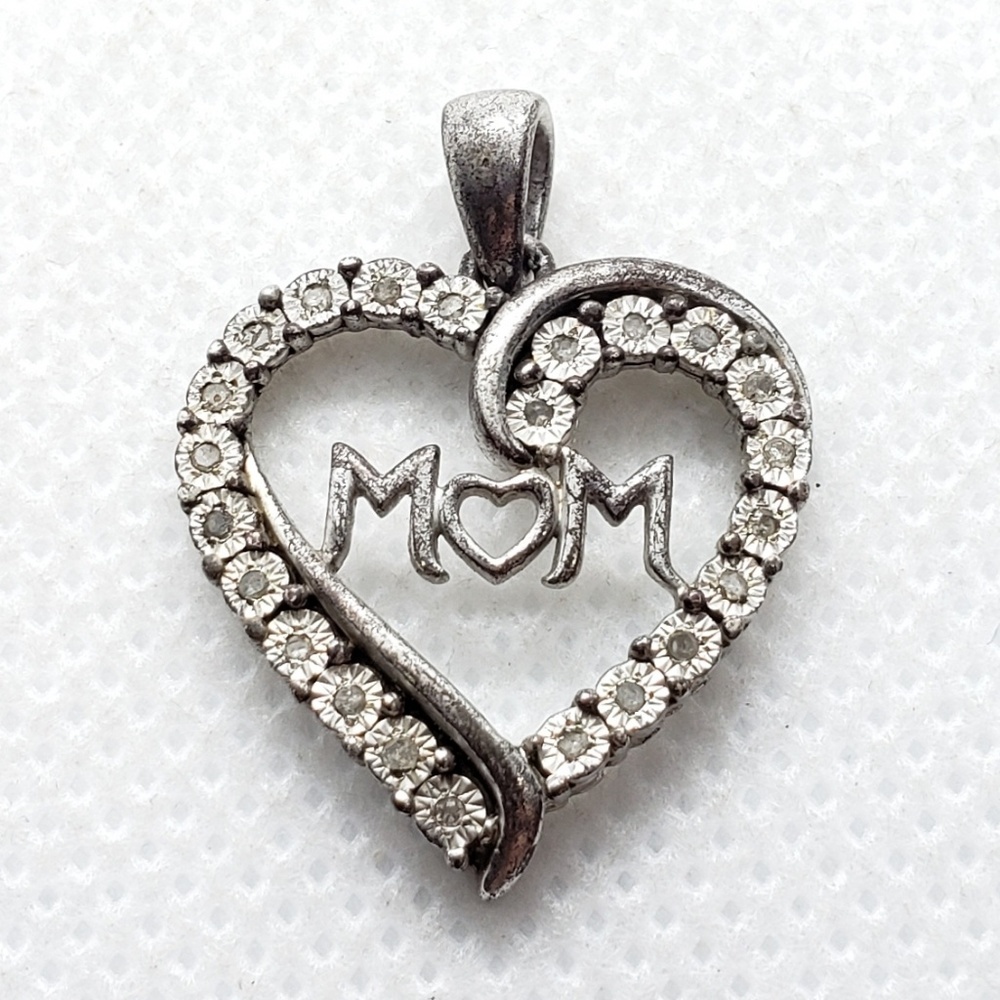 Diamond Chip 925 Silver Mom Mother Heart Pendant